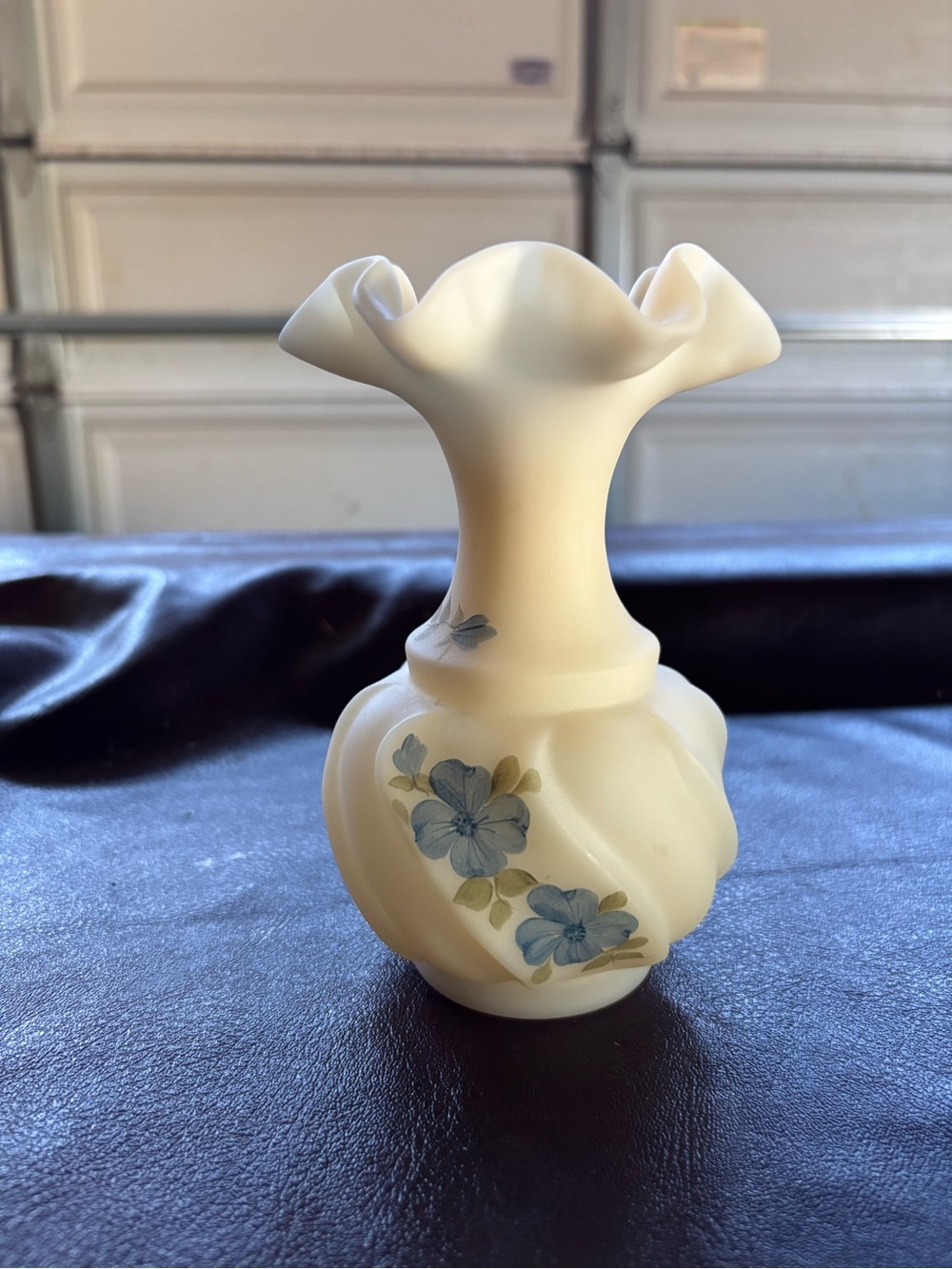 Vintage Fenton Cream Glass Floral Bud Vase with Blue Flowers
